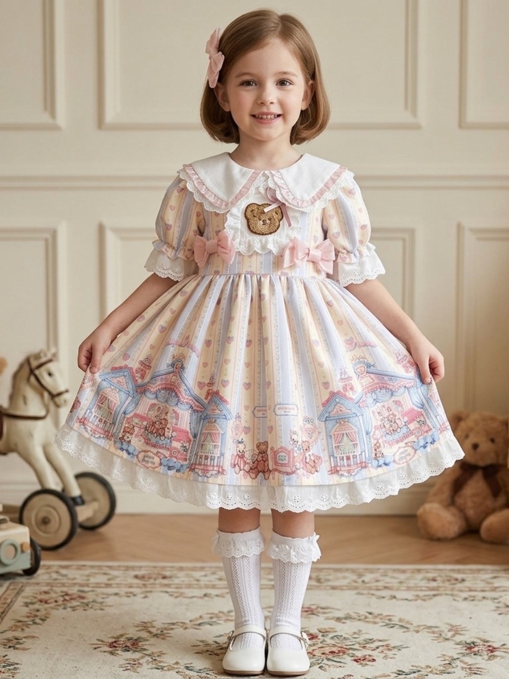 Girls Pastel Carousel Print Peter Pan Collar Lolita Dress